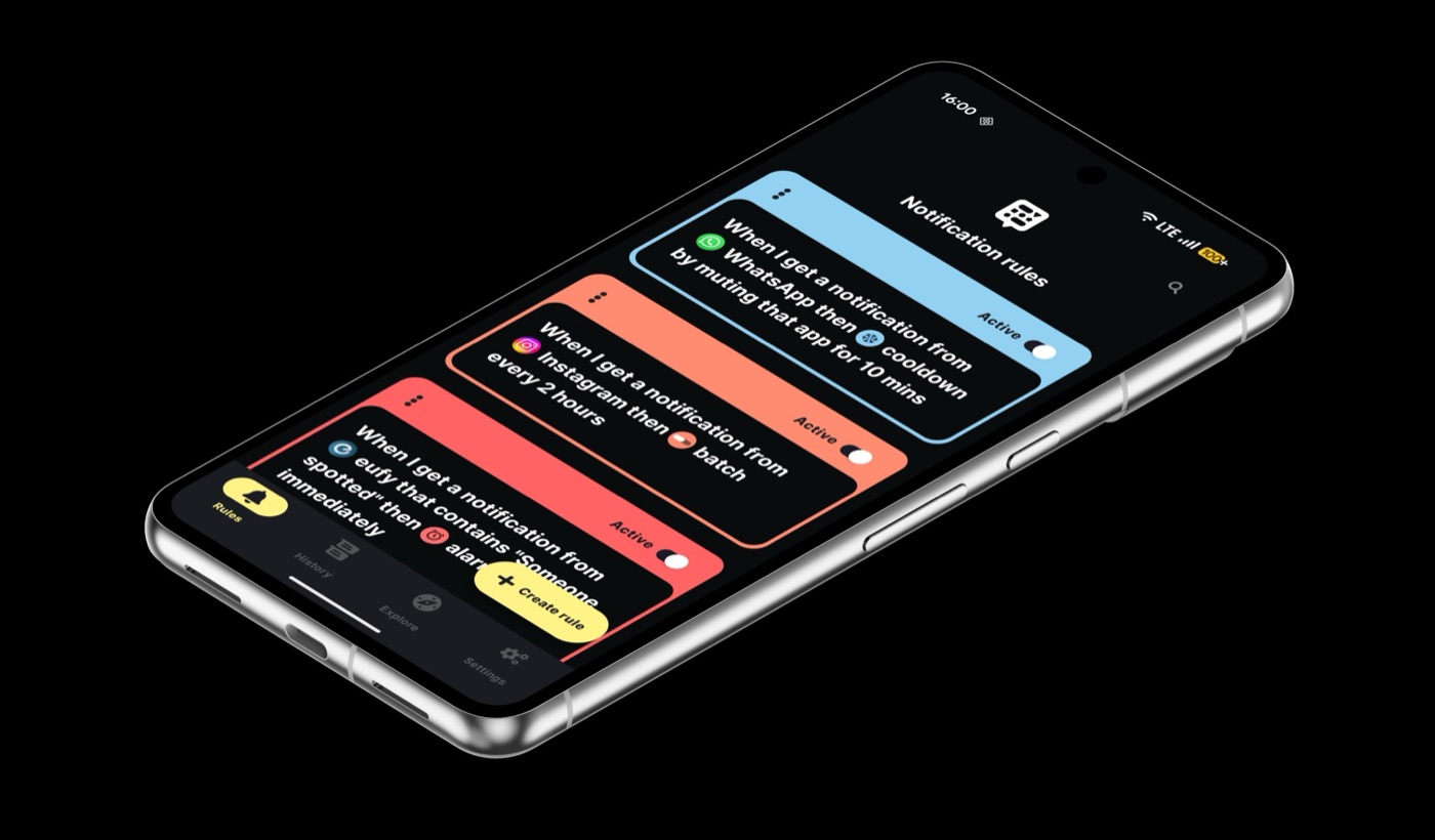 BuzzKill on Android showing three notification rules: a WhatsApp cooldown, an Instagram batch, and a eufy security alarm
